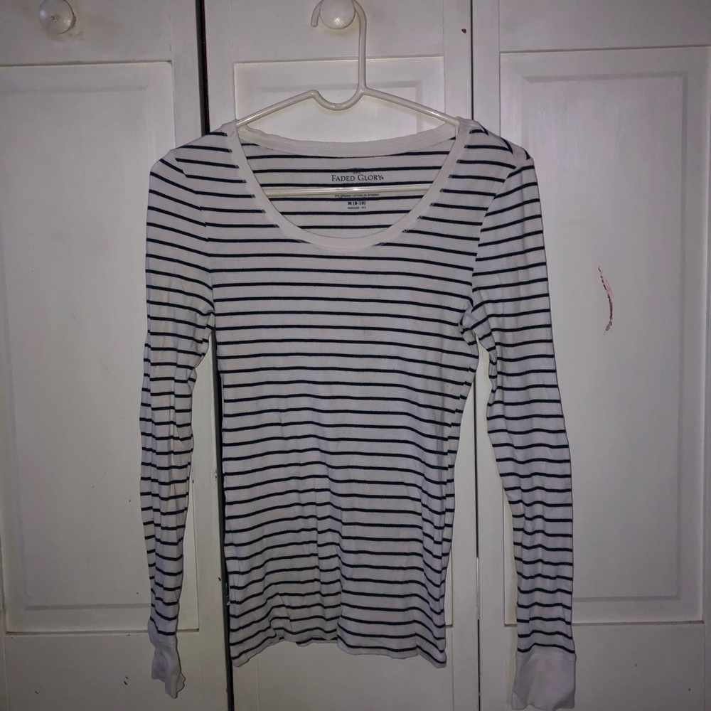 Long sleeved blue and white striped top